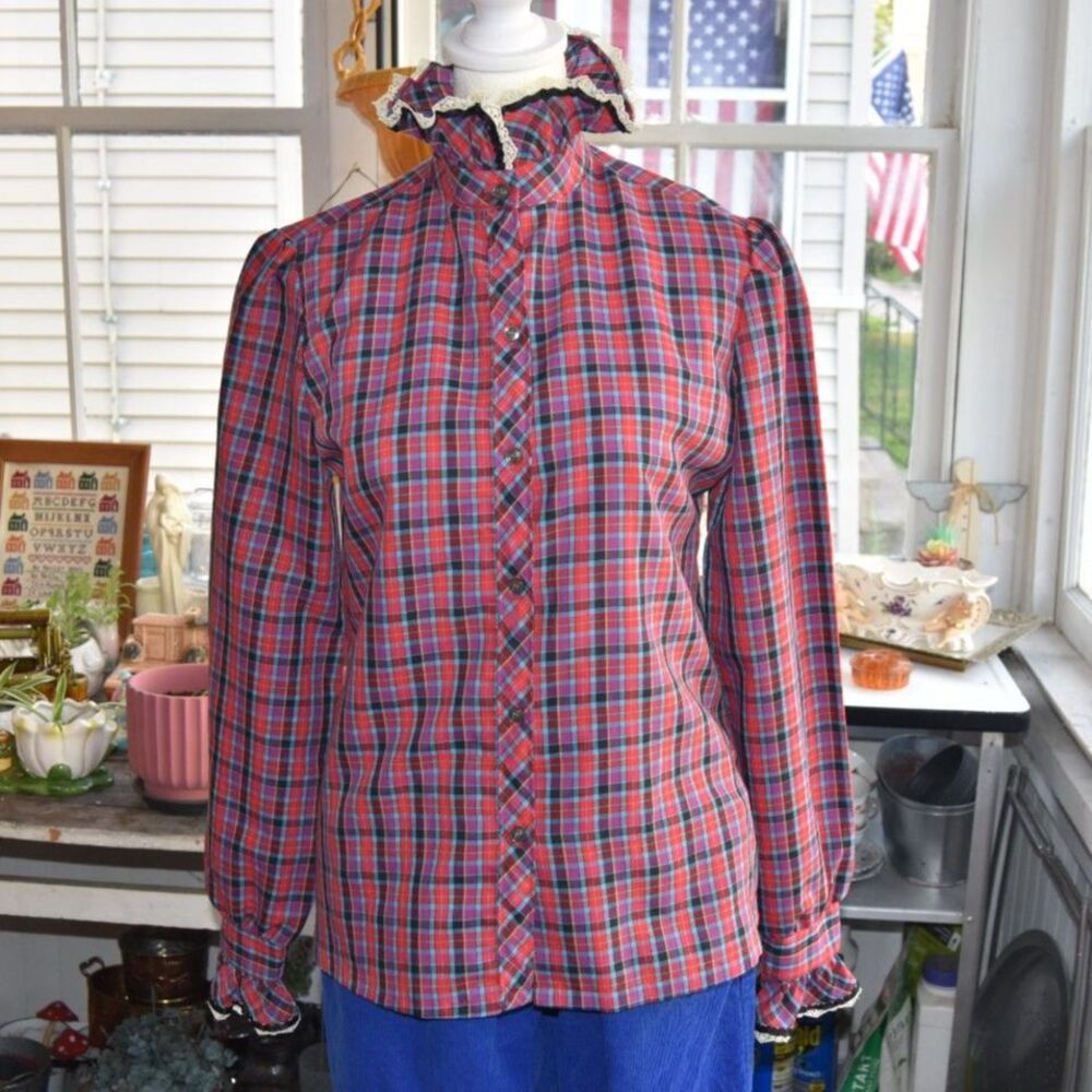 Vintage 80s Oak Hill Plaid Prairie Blouse S M Victorian Ruffle Lace Shirt